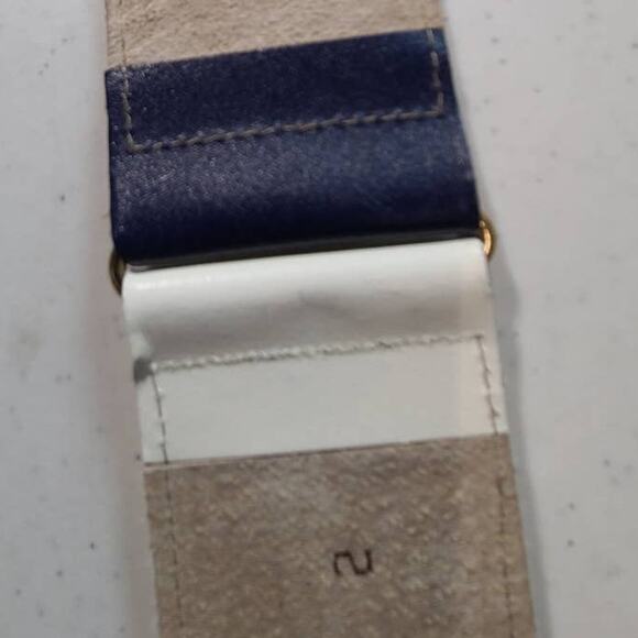 Vintage 80s Wide Colorblock Butter Yellow Navy White Leather Belt M Nautical - Picture 5 of 9